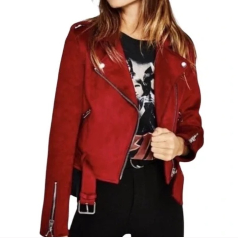 Zara TRF Outerwear Women M Red Faux Suede Edgy Grunge Biker Moto Jacket